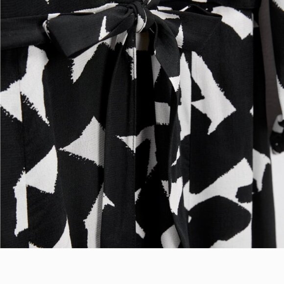 ZARA Black & White Abstract Print Midi Crepe-Like Shirt Dress | Belted, Size XXL - Picture 7 of 12